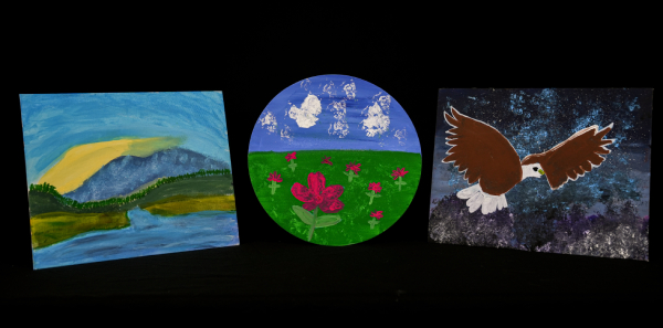 Two square  paintings and 1 rounded painting