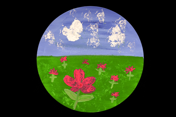 Rounded painting of flowers and sky